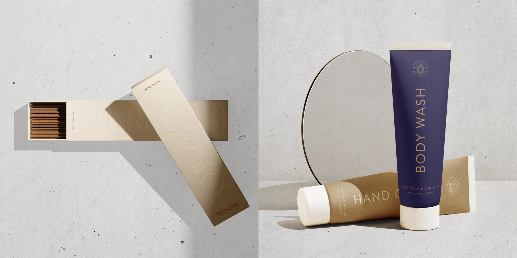 Aurora guest amenity packaging mockups in purple and pale gold