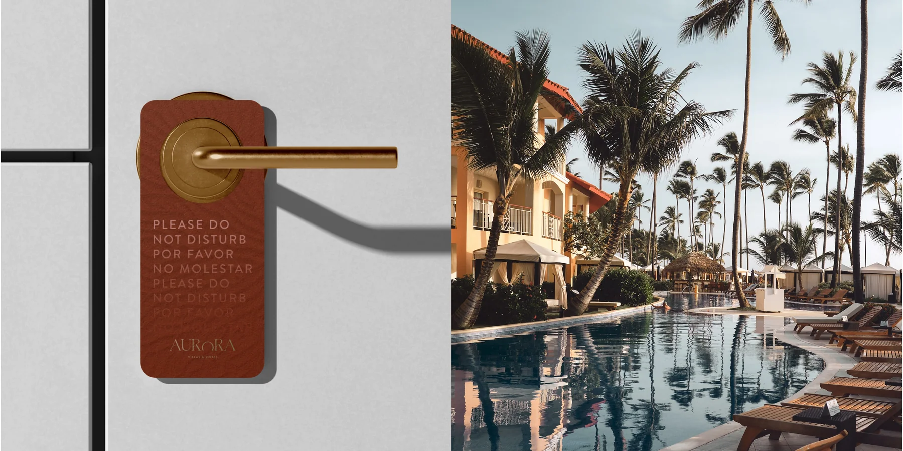 A terracotta Aurora door hanger mockup beside hospitality reference photography