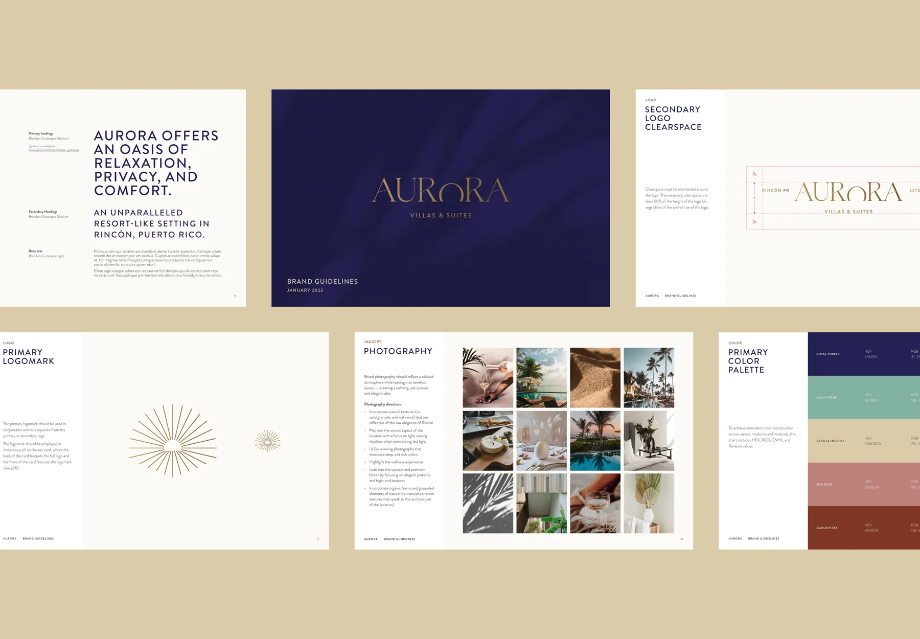 Aurora brand guidelines showing the wordmark, sun motif, palette, and photography direction