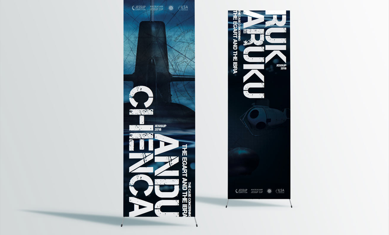 Two vertical 2018 Jessup event banners with submarine and underwater vehicle imagery