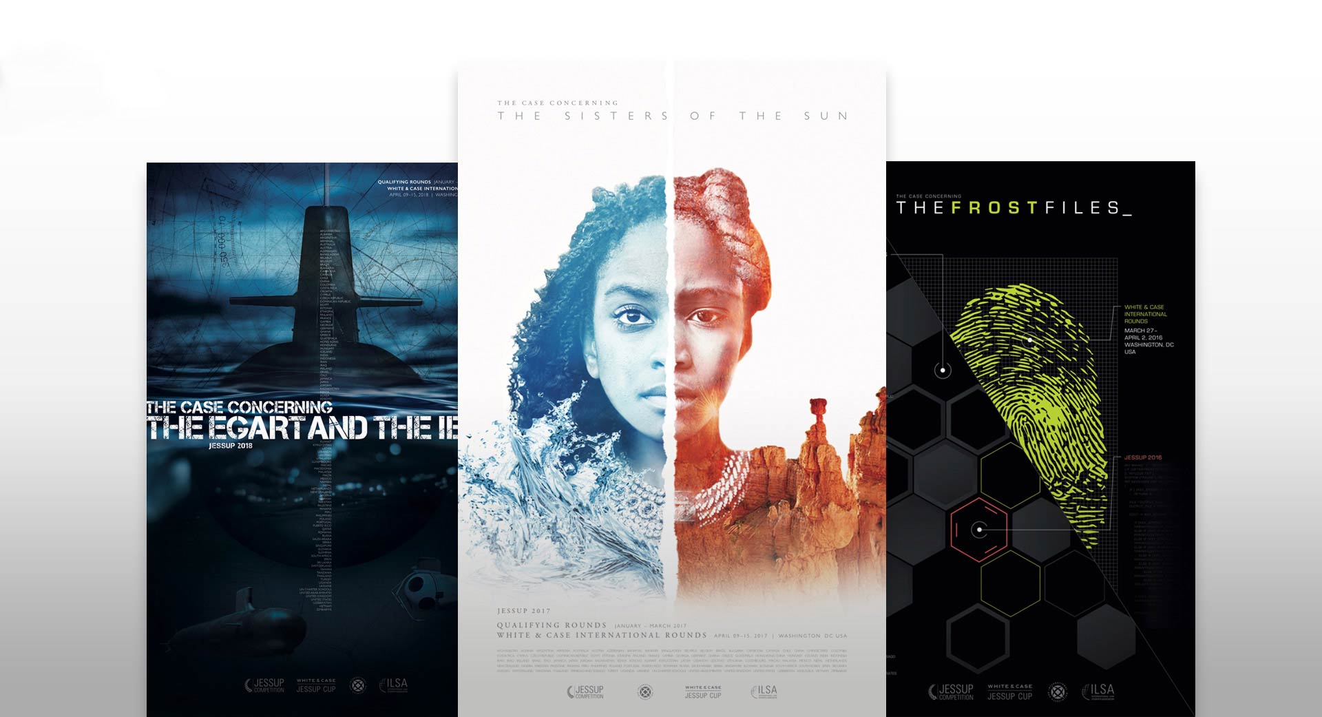 Jessup competition posters from 2016, 2017, and 2018