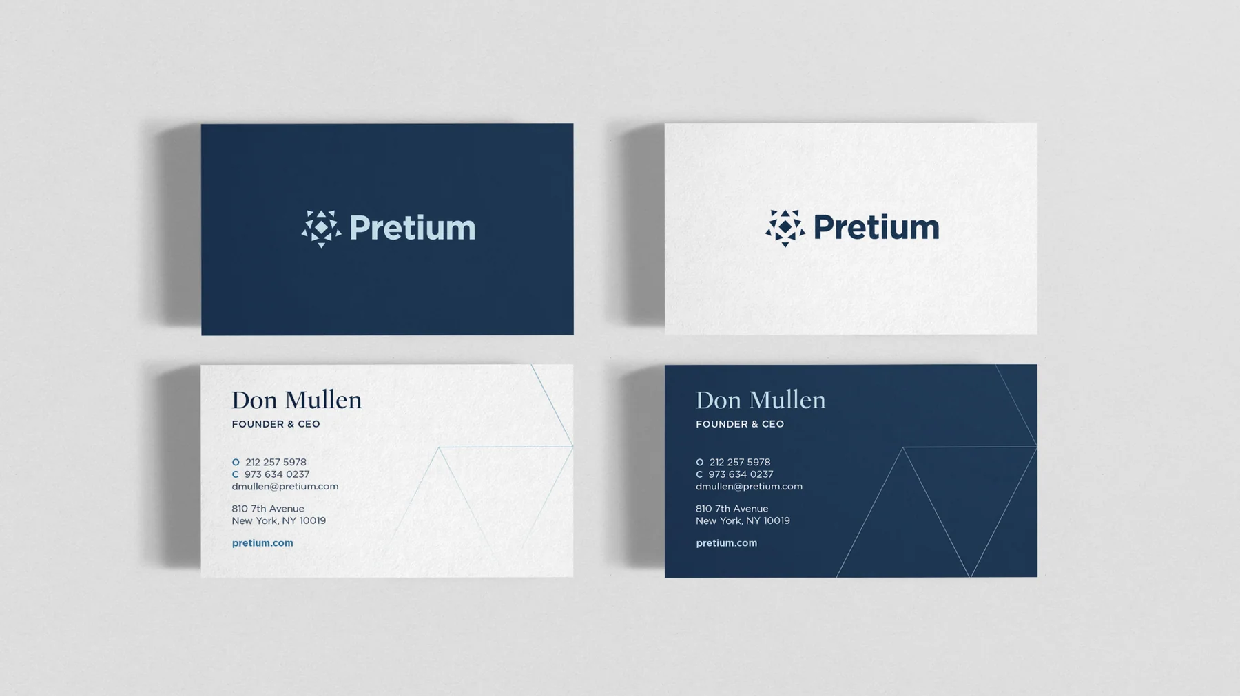 Pretium business card designs in light and dark versions