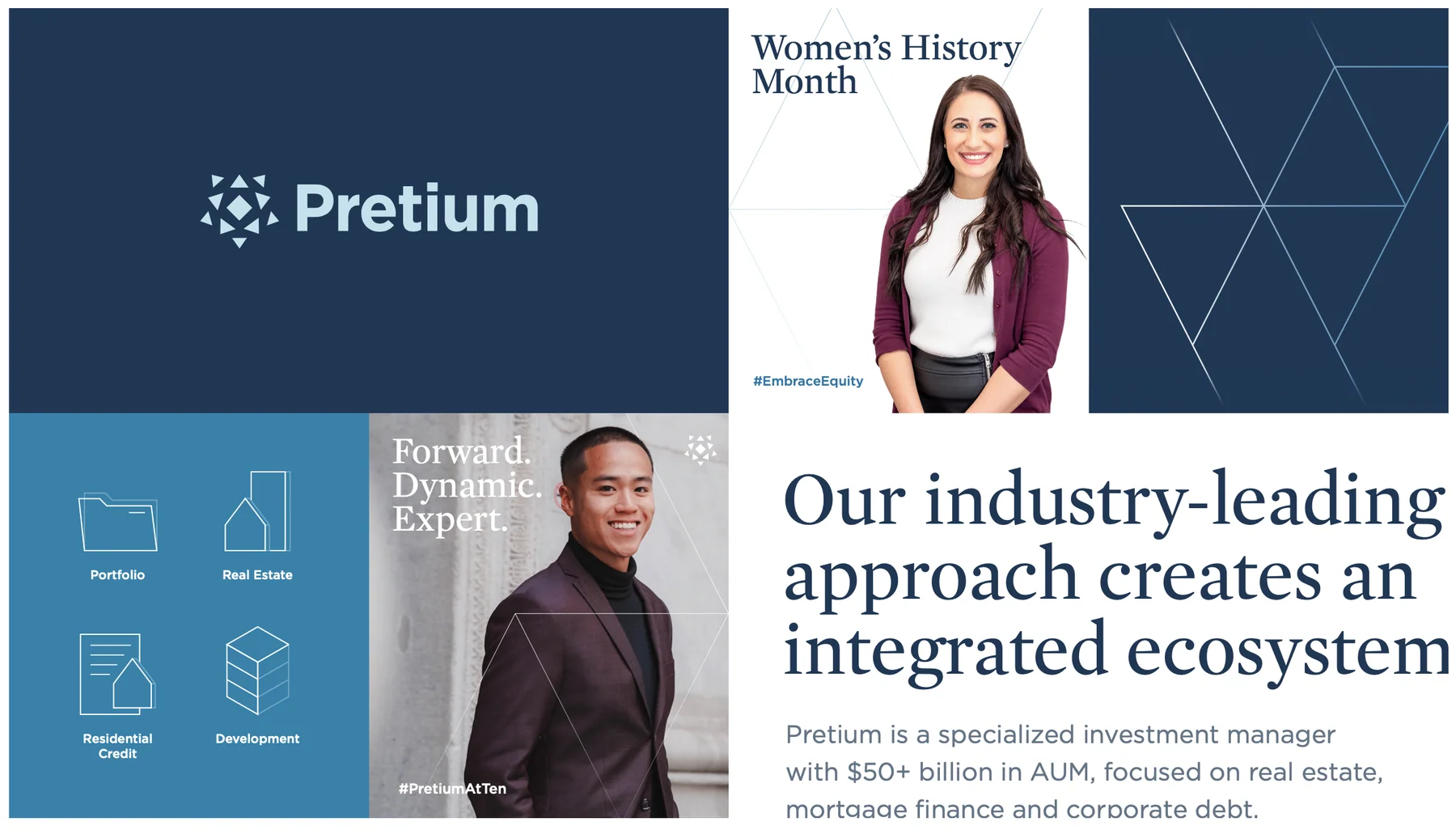 Pretium identity combining a geometric mark, serif typography, portrait photography, and blue graphic fields
