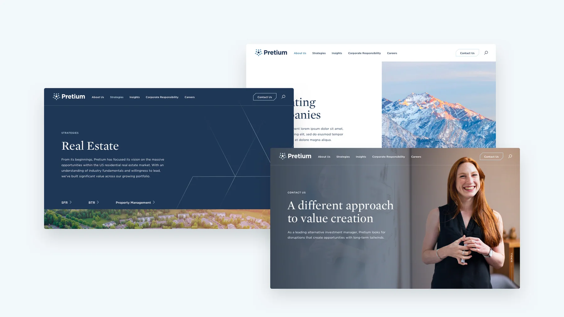 Website page designs for real estate, operating companies, and Pretium's approach