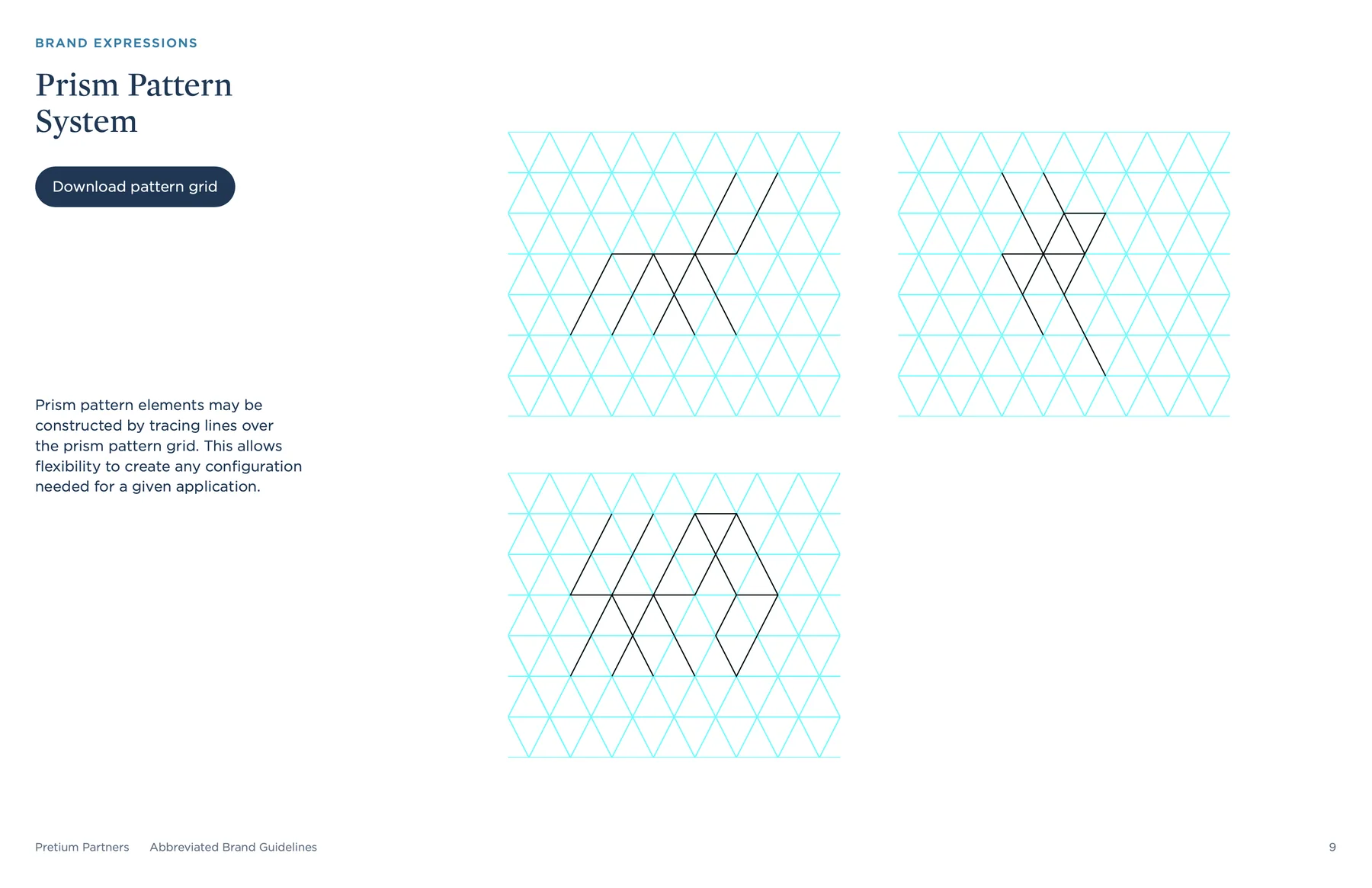 Brand guideline showing variations of Pretium's prism line pattern