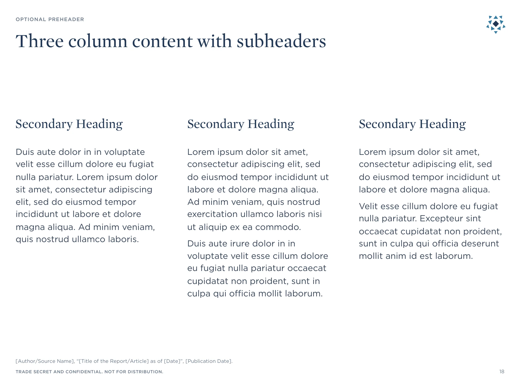 Pretium PowerPoint template with three columns and placeholder text demonstrating a reusable layout